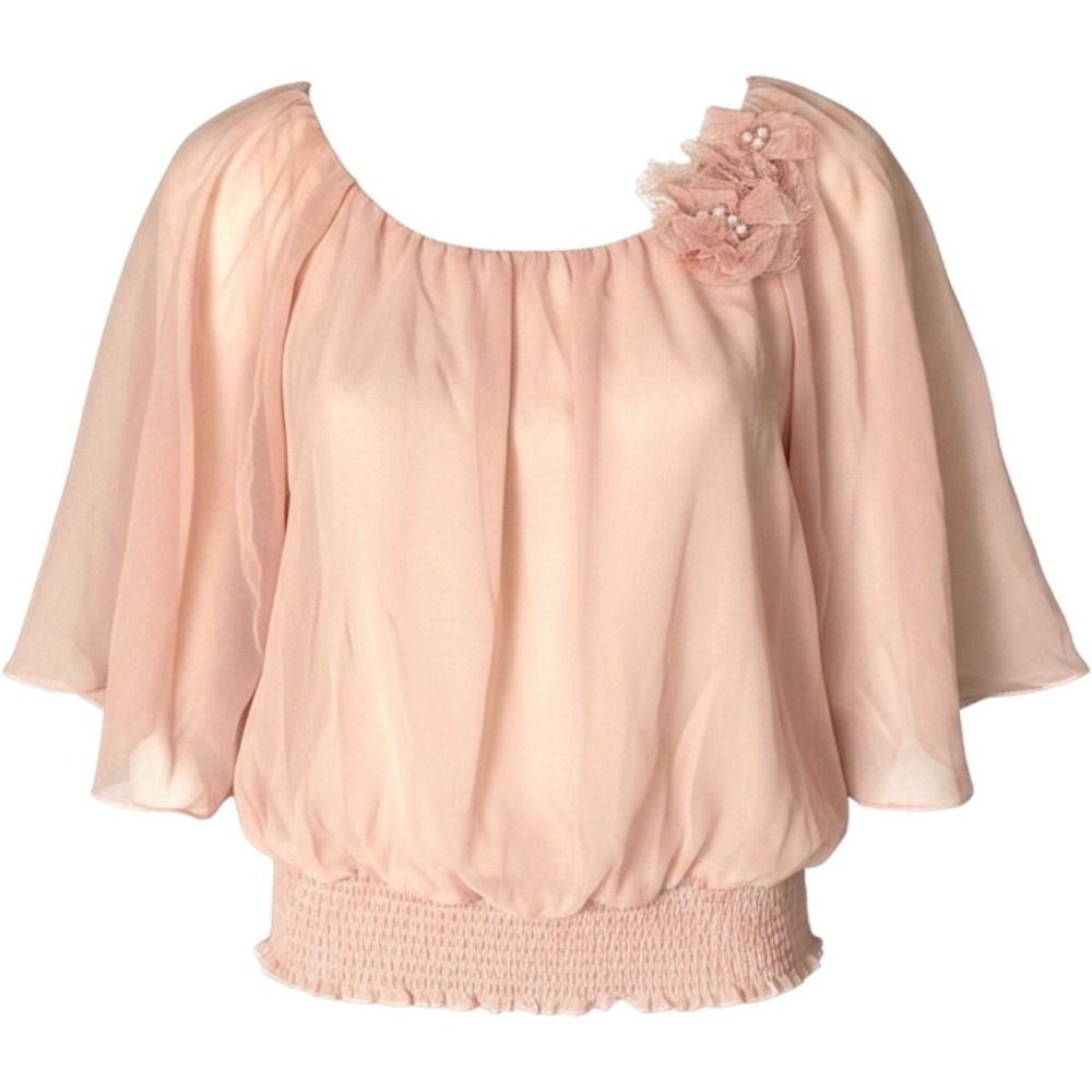Vtg 3D‎ Flower Sheer Chiffon Overlay Coral Pearl Kimono Cape Top Womens M Y2k